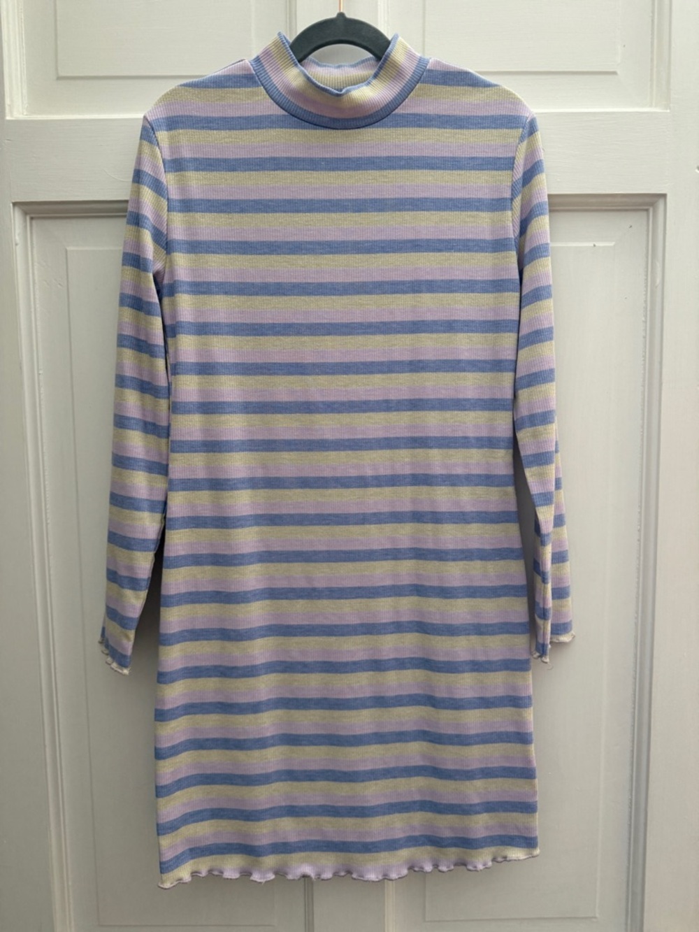Kids Fitted, Stripe Lilac Shimmer Long Sleeve, Turtleneck Mini Dress, size M(10)
